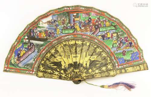 A Canton brisé fan, 19th century, the splines gilt on a black ground, decorated both sides with ...