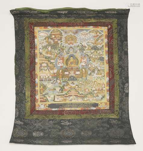 A Tibetan thanka, 20th century, painted in bright colours with Buddha seated in a lotus pedestal in ...