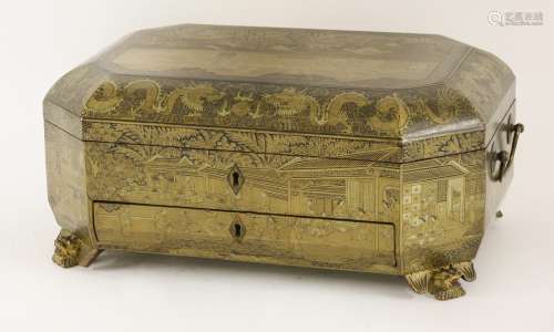 A rare Chinese export black lacquer octagonal sewing box, late 18th/early 19th century, with an ...