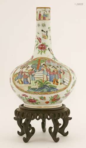 A Chinese famille rose water bottle, 19th century, painted with two oval panels of a procession and ...