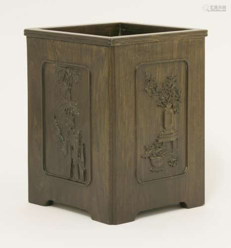 A Chinese wooden brush pot, possibly 20th century, of square form, each side with a rectangular ...