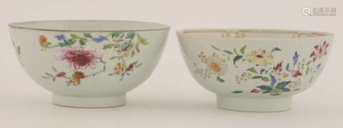 Two Chinese famille rose bowls, 18th century, painted with sprigs of peony and other flowers,  ...