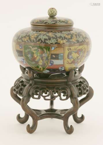 A Japanese cloisonné jar and cover, Meiji period (1868-1912), the squat body enamelled with a ...