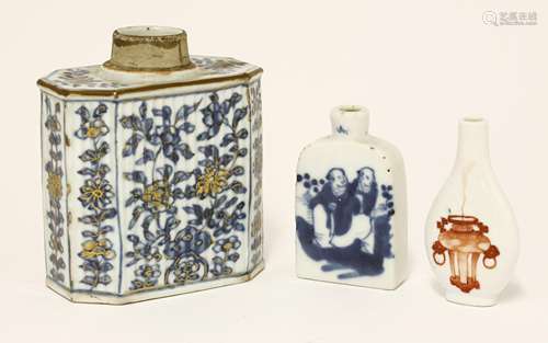 A Chinese blue and white tea caddy, 18th century, with blossoming branches coming out from rocks, ...