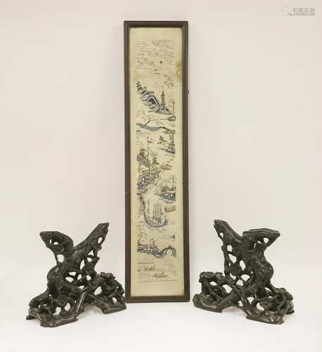 A pair of wood stands for clam shells, pierced and carved with blossoming prunus branches, 17cm, ...