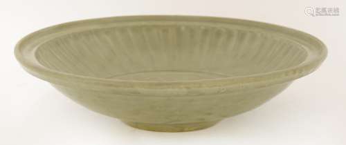 A large Chinese longquan celadon bowl, Ming dynasty (1368-1644), the sides with reeded decoration, ...