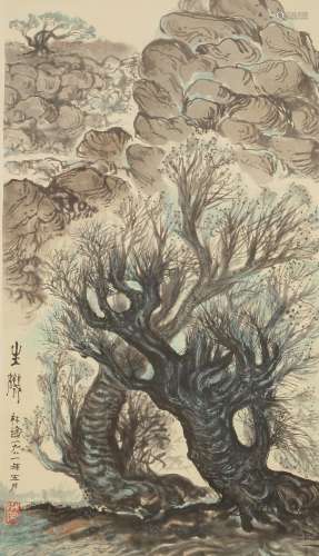 A Chinese gouache hanging scroll,  dated May 1981, attributed to Lin Qin, painted with gnarled ...