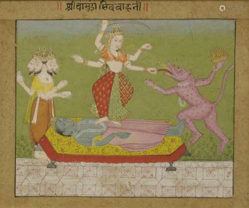 An Indian miniature painting, late 18th century, of a girl in a green and red sari, fighting with a ...