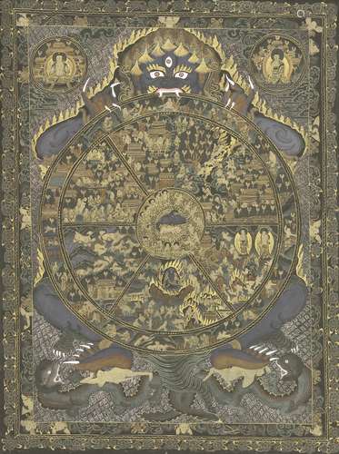 A Tibetan thanka, 20th century, painted with a beast standing on two chilong holding a wheel with ...