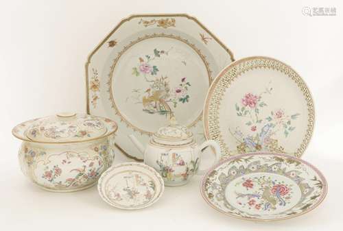 A collection of Chinese famille rose, 18th century, including a chamber pot, cover and basin, ...