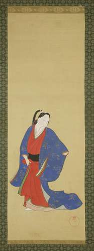 A Japanese hanging scroll, with a lady in blue kimono with sprigs of flowers, her undergarment red, ...