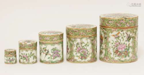 A nest of five Chinese Canton famille rose boxes and covers, late Qing dynasty, of circular form, ...