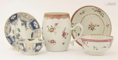 A Chinese famille rose mug, bowl and a dish, Qianlong (1736-1795), the mug of barrel shape, painted ...