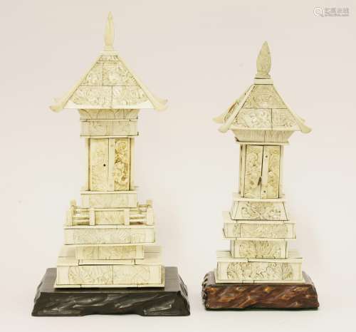 Two Japanese ivory shrines, c.1880, of typical form, each central column with hinged doors ...