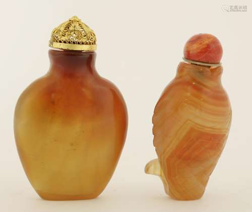 Two agate snuff bottles, 20th century, one in the form of a carp (2)