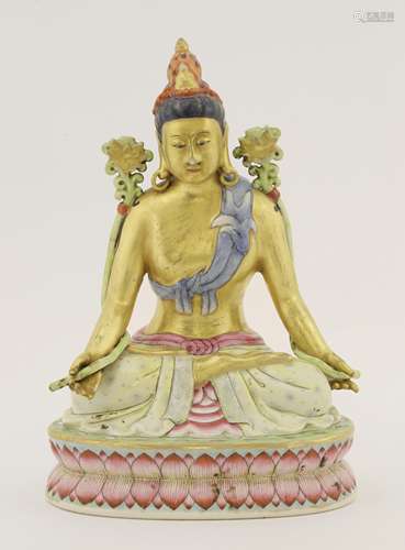 A Chinese famille rose bodhisattva, 20th century, seated cross-legged on a double lotus pedestal, ...