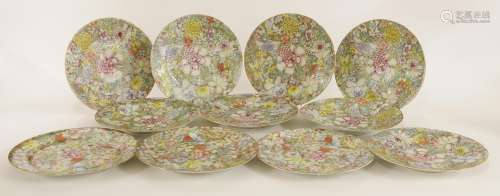 Eleven famille rose plates, comprising: three circular plates,  Guangxu (1875-1908), painted with ...