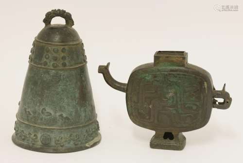 A Japanese bronze bell, 18th century, moulded with chickens above a border of mons between scrolls, ...