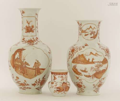 Two Chinese vases,  Republic period (1912-1949), painted in iron-red with figures or landscapes in ...