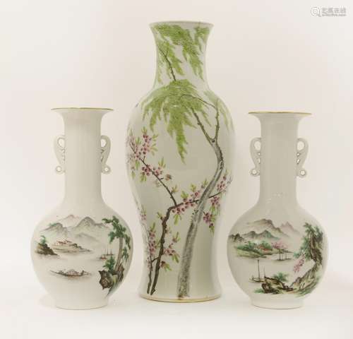 Three Chinese vases, 20th century, including a pair, painted with landscapes, the other side with ...