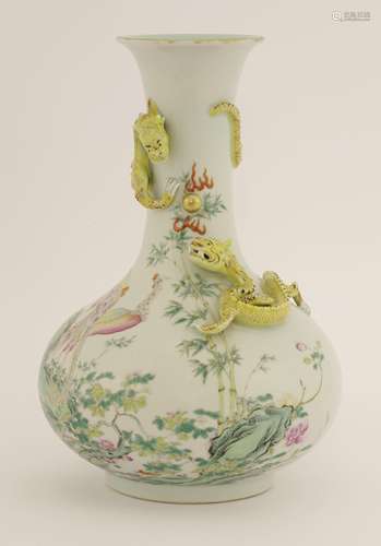 A Chinese famille rose vase,  Republic period (1912-1949), painted with two phoenixes standing on ...