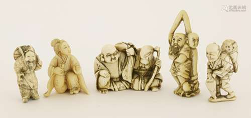 A collection of five Japanese ivory netsuke, Meiji period (1868-1912), one carved with Jurojin and ...