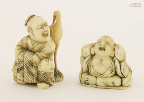 Two Japanese ivory netsuke, Meiji period (1868-1912), one with Hotei seated cross-legged with both ...
