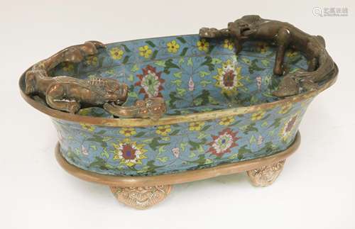 A Chinese cloisonné jardinière, 20th century, of oval shape, enamelled with scrolling lotus, with ...