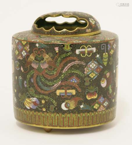 A Japanese cloisonné koro and cover, c.1900, enamelled with precious objects against diapered ...