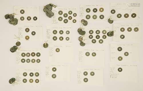 A collection of Chinese cash coins,  with examples from Tang, Northern Song, Southern Song, Yuan, ...