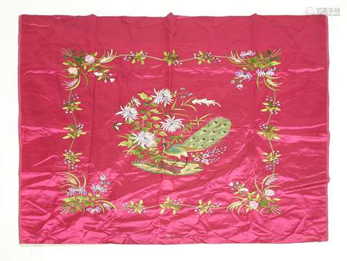 A Chinese embroidered table cover, Republic Period (1912-1949), with a peacock by chrysanthemum and ...