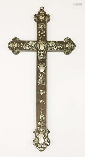 A Chinese export cross, 19th century, with inlaid mother-of-pearl of Christian symbolism and ...