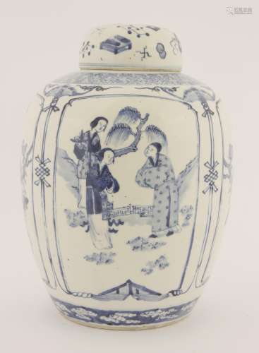 A Chinese blue and white jar and cover, early 20th century, painted with figures in a garden or ...