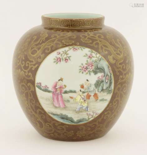 A famille rose ginger jar, 20th century, painted with roundels with boys in a garden, a watery ...