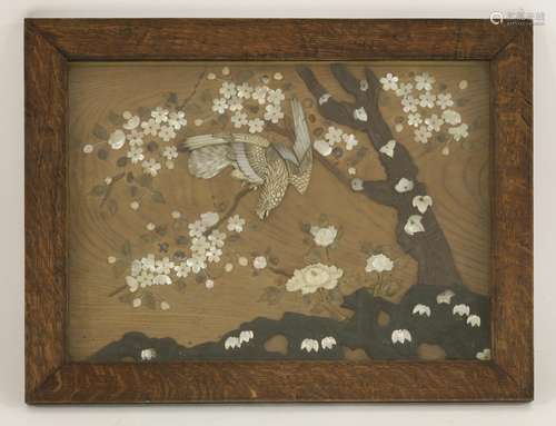 A Shibayama wood panel, Meiji (1868-1912), onlaid with ivory, mother-of-pearl and wood, of an eagle ...