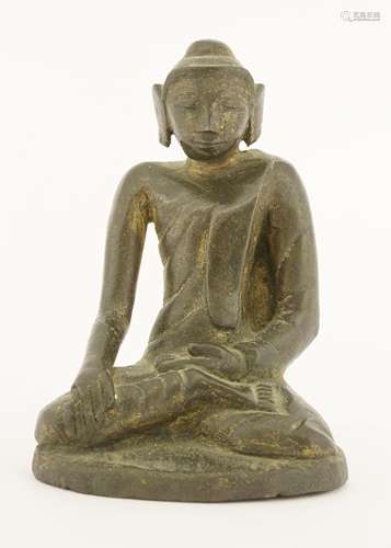 A Thai bronze Buddha, possibly 19th century, seated cross-legged in Bhumisparsha mudra, traces of ...