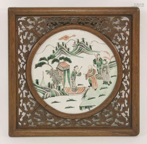 A Chinese famille verte ceramic panel, Republic period (1912-1949), painted with three scholars ...