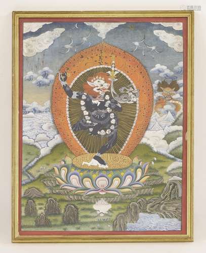 Two Tibetan thanka, 20th century, one double-sided, the front painted with a deity with a Buddhist ...