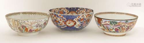 Two Chinese export famille rose punch bowls, Qianlong (1736-1795), painted with figures in shaped ...