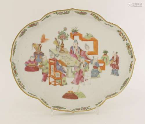 A Chinese famille rose tray, late 19th century, of shaped quatrefoil form, painted with three ...