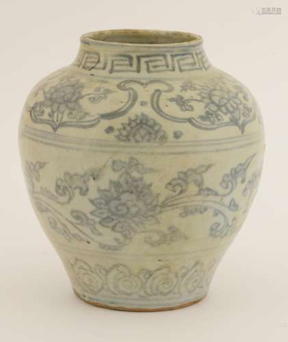 A Chinese blue and white jar, mid 16th century, painted with scrolling lotus between ruyi head and ...