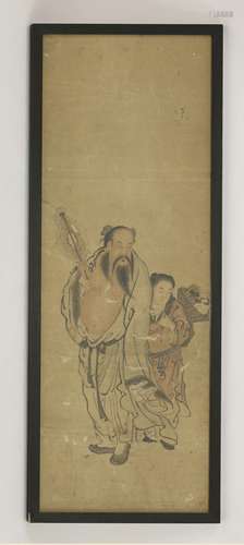 A Chinese gouache painting, painted with Han Zhongli, holding a fan with his chest and belly bare, ...