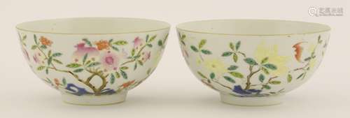 A pair of famille rose bowls, probably Guangxu (1875-1908), painted with fruiting branches of ...