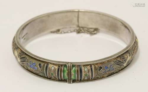 A Chinese silver hinged bangle, 1930s, enamelled with magpies standing on a blossoming prunus ...