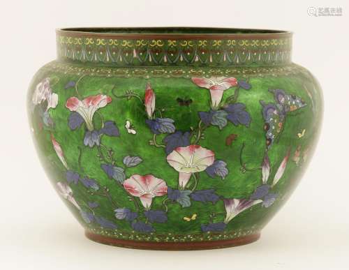 A Japanese cloisonné cachepot, Meiji (1868-1912) enamelled with blossoming peony and morning glory ...