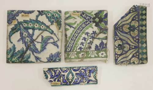 Four tiles,  probably 16th/17th century, Iznik or in Iznik style, painted in blue, turquoise, green ...