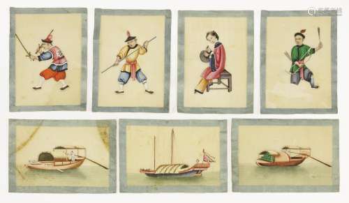 Seven small Chinese pith paper paintings, second half of 19th century, one with a lady, three with ...
