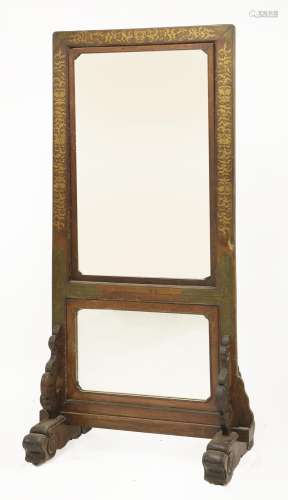 A Chinese cheval mirror, c.1900, the border with scrolling flowers in gilt, on ruyi head supports, ...