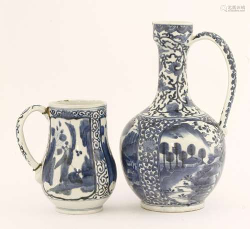 A Japanese Arita blue and white ewer,  Edo period, 1670s-1680s, of globular form with one handle, ...