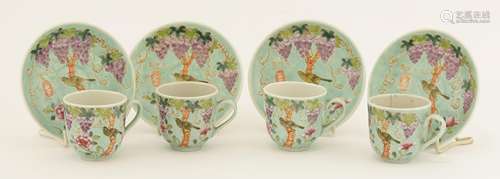 A set of four Chinese famille rose coffee cups and saucers,  Republic period (1912-1949), in ...